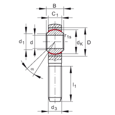 桿端軸承 GAKSR20-PS, 根據 DIN ISO 12 240-4 標準，特種鋼材料，帶右旋外螺紋，免維護